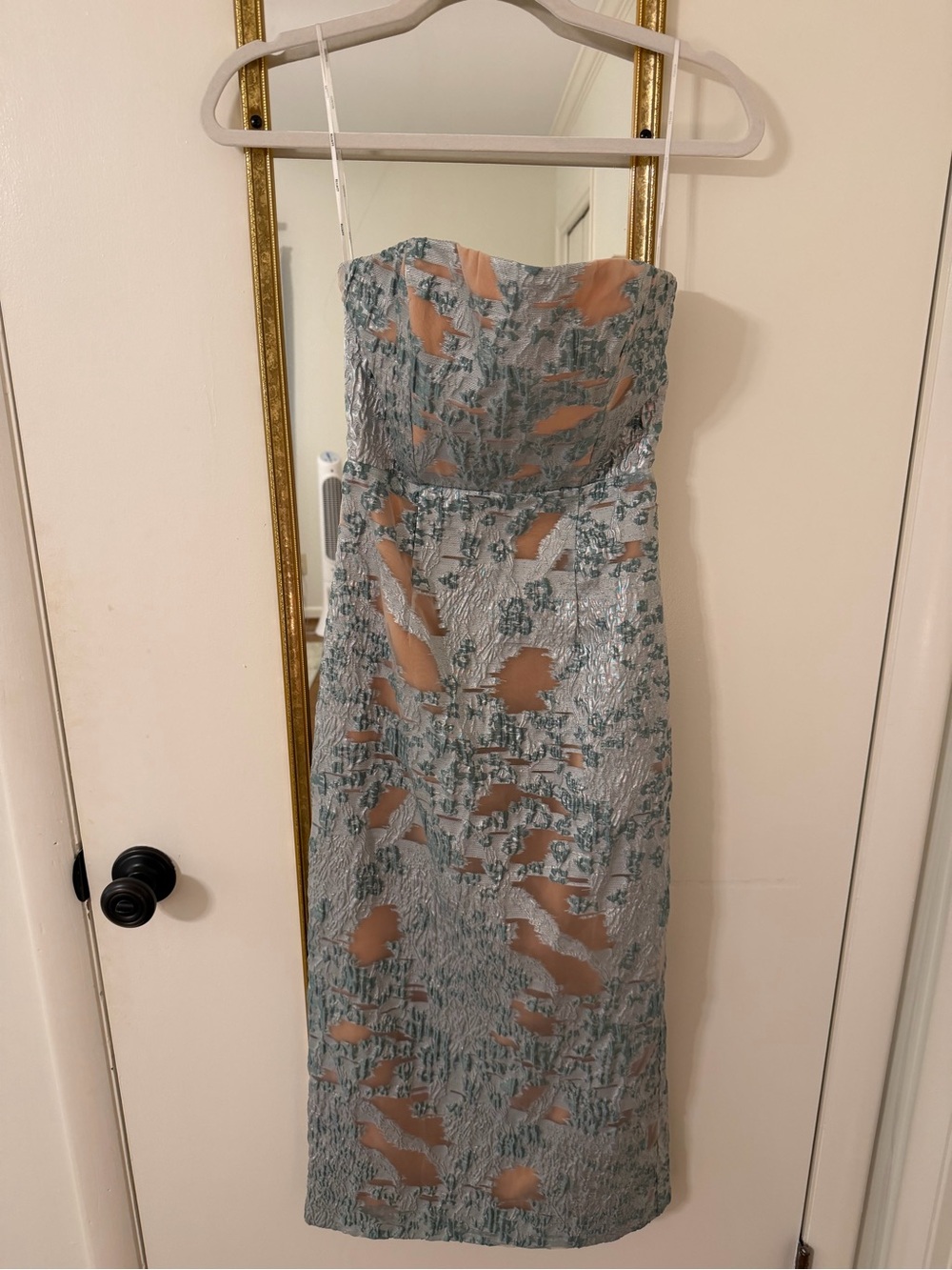 Elliatt Strapless Sheer Metallic Lace Midi Dress in Silver and Nude
